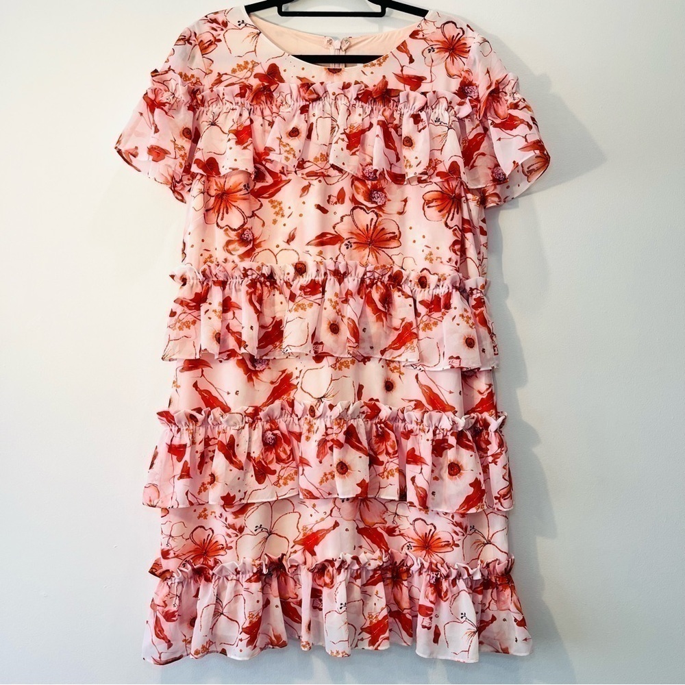 Badgley Mischka Runway Pink Red Floral Ruffle Mini Dress | size 16 XL | Dainty